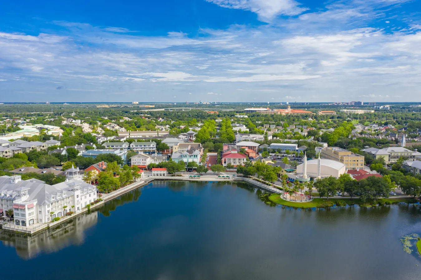 Aerial view of a lakeside town with buildings, greenery, and a partly cloudy blue sky.