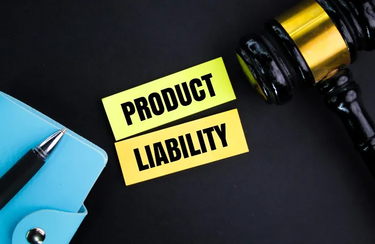 Yellow cards with "PRODUCT LIABILITY" text, black judge gavel, blue notebook, and pen on black background.