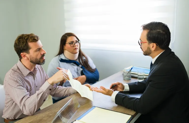 Three adults engaged in a serious discussion at an office desk, one woman wearing a neck brace.