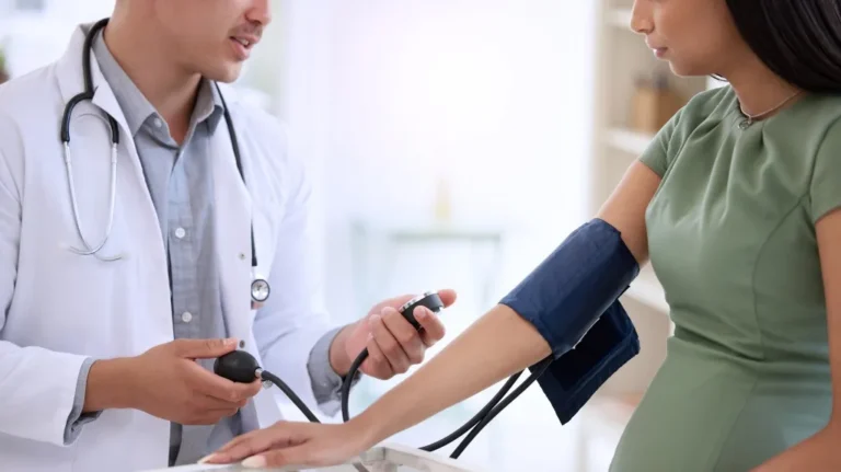 Doctor in white coat measuring blood pressure of woman wearing green dress with sphygmomanometer.
